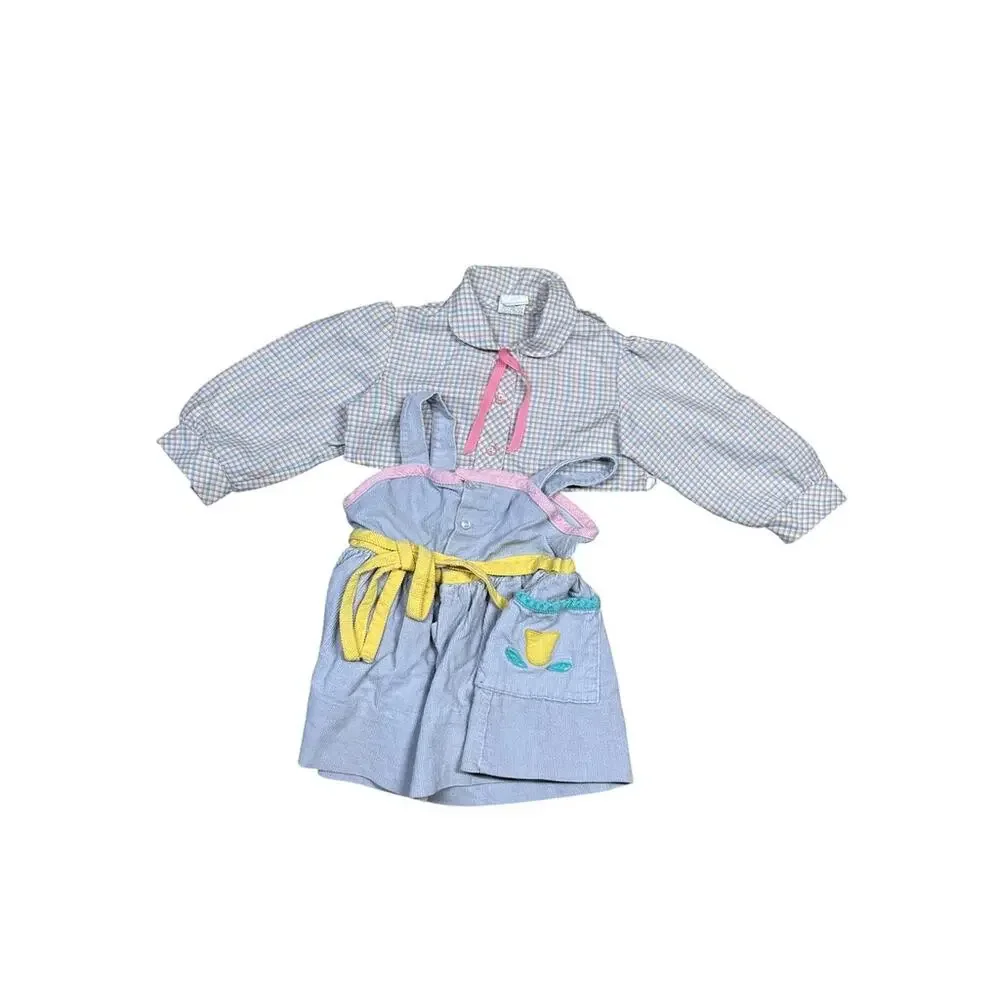 Vintage 70s Pastel Blue Pink Tulip Corduroy Romper + Plaid Shirt Set Baby 2T